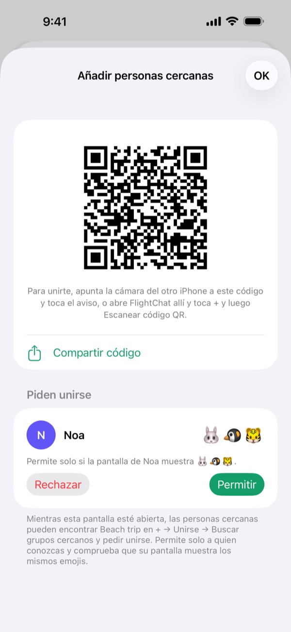 Añadir personas cercanas con el código QR del grupo y Noa pidiendo unirse, con tres emojis y los botones Permitir y Rechazar.