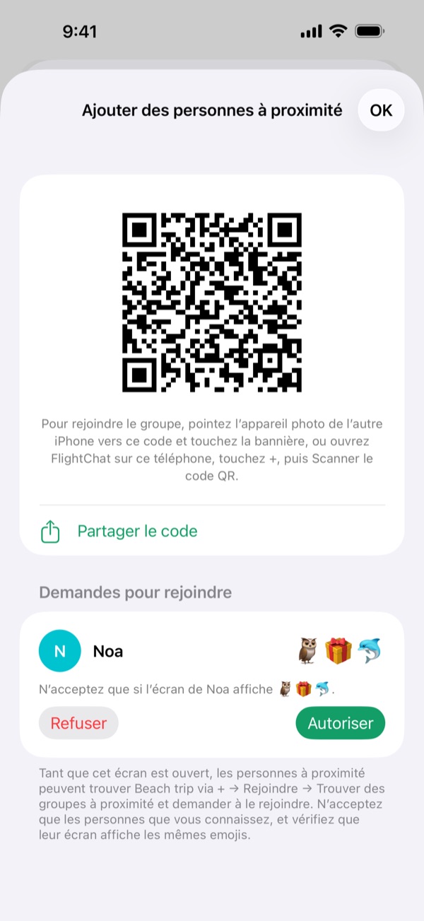 Ajouter des personnes à proximité montrant le code QR du groupe et Noa qui demande à le rejoindre, avec trois emojis et les boutons Autoriser et Refuser.