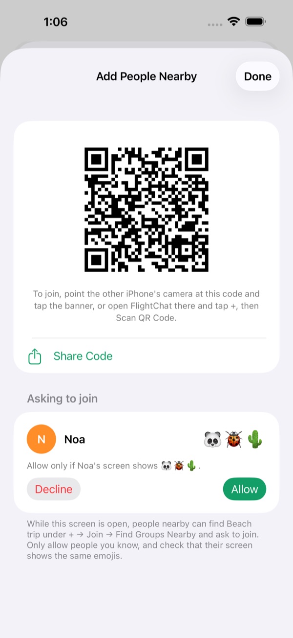 Add People Nearby showing the group's QR code and Noa asking to join, with three emojis and Allow and Decline buttons.