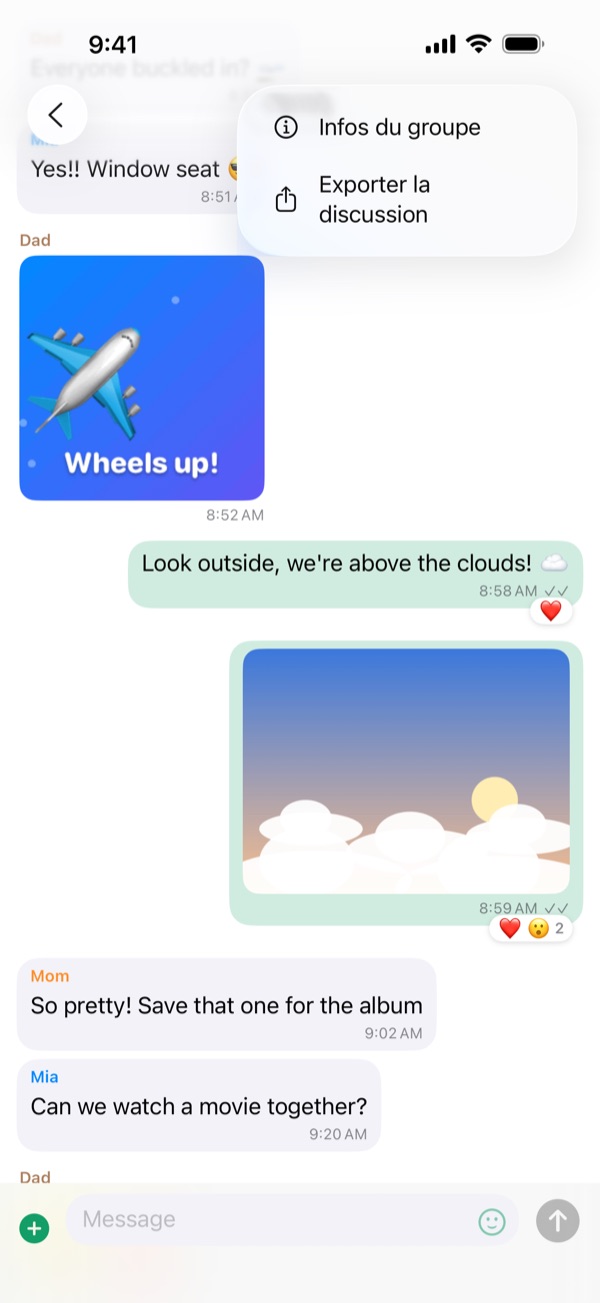 Le menu ⋯ d'une discussion de groupe avec Infos du groupe et Exporter la discussion.