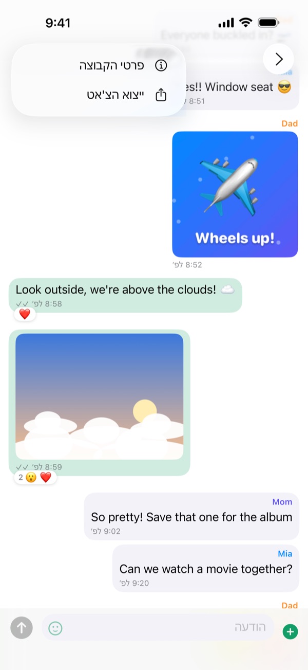 תפריט ⋯ בצ'אט קבוצתי עם „פרטי הקבוצה” ו„ייצוא הצ'אט”.