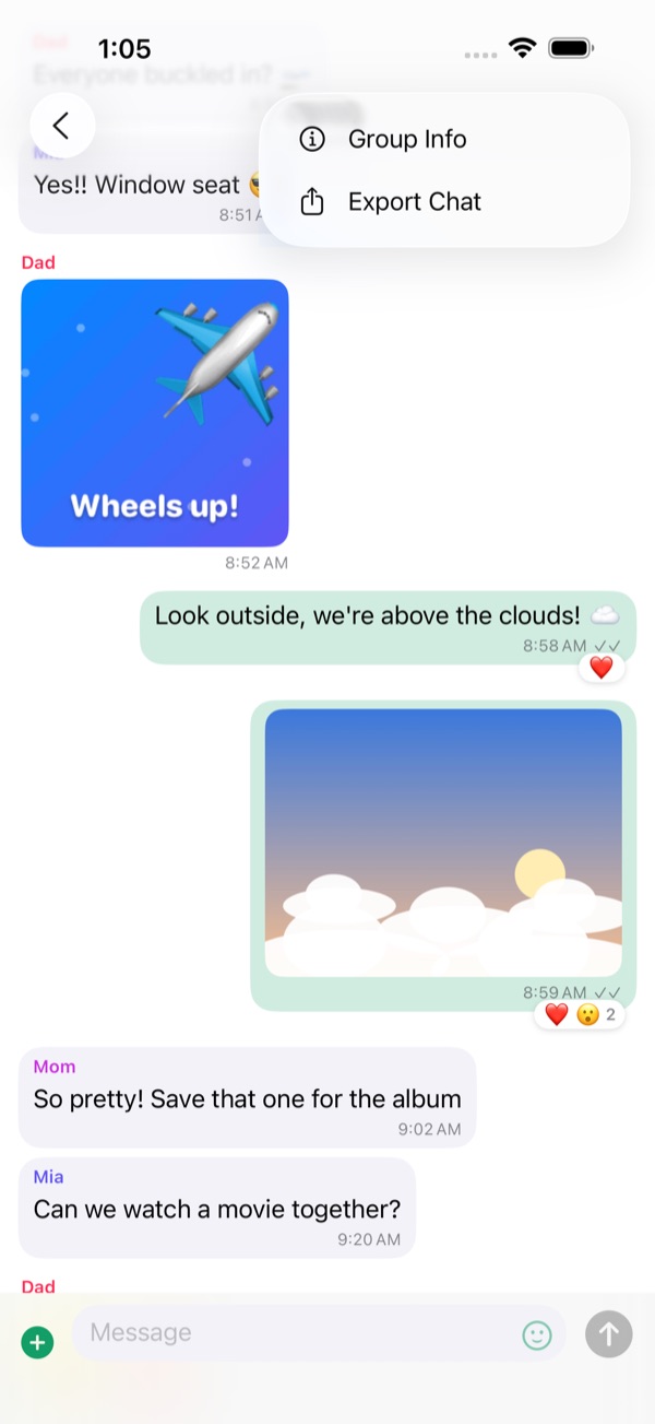 The ⋯ menu in a group chat with Group Info and Export Chat.