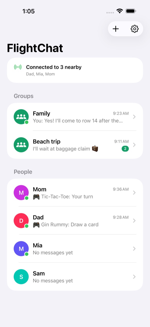 The FlightChat chat list: a status card at the top, then two groups, Family and Beach trip, and a People section listing Mom, Dad, Sam and Mia.