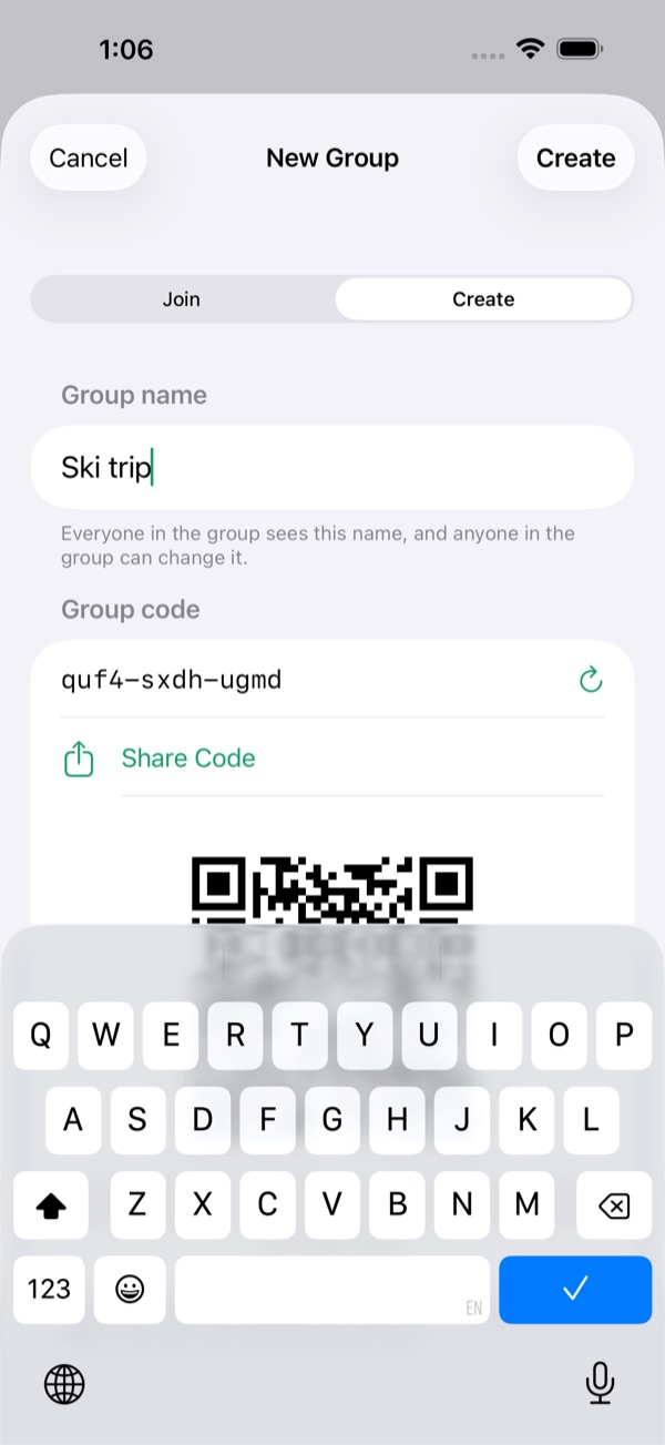 The New Group screen with the name Ski trip, a made-up code, a Share Code button and the group's QR code.