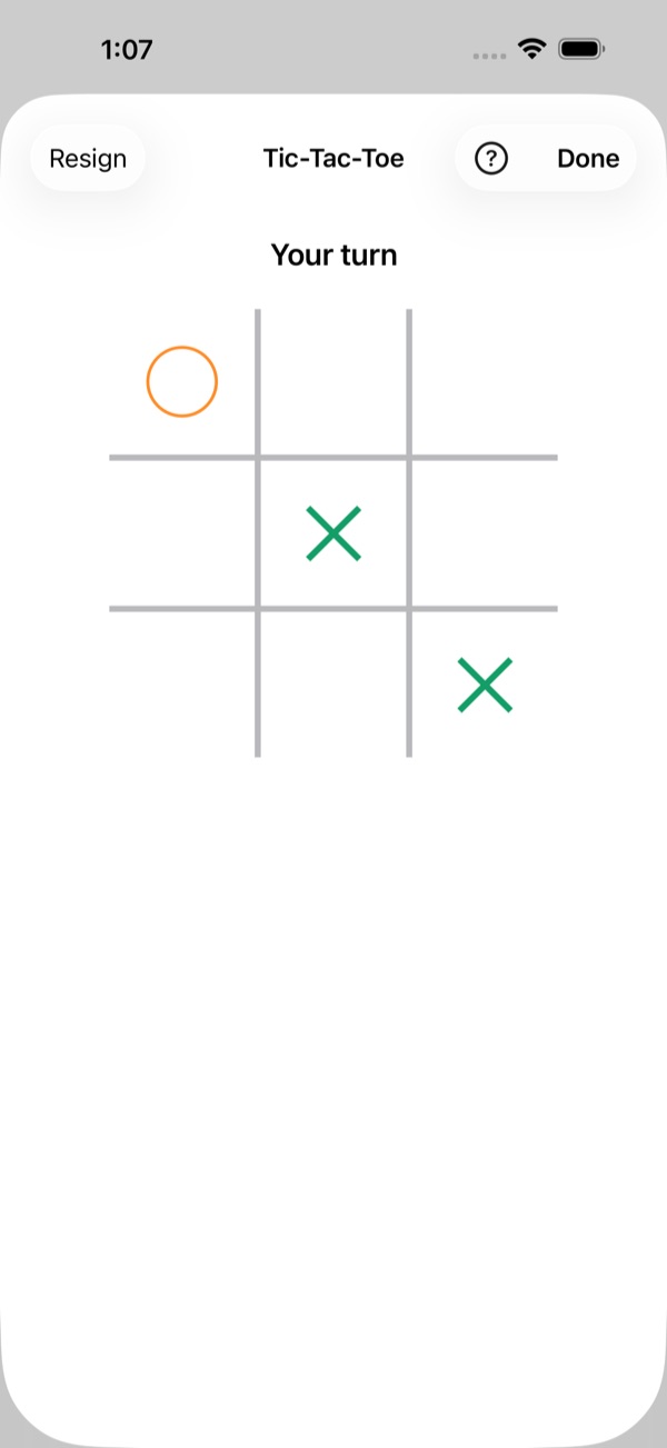 A Tic-Tac-Toe game with Mom: Mom has the center and a corner, you have the opposite corner, and it's your turn.