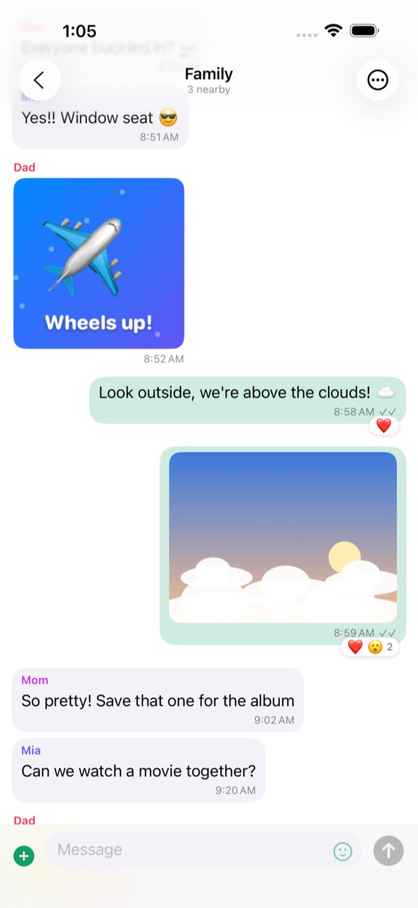 A group chat with messages from Dad, Mia and Mom, a Wheels up! sticker, a photo of clouds from the window with reactions, and double ticks.
