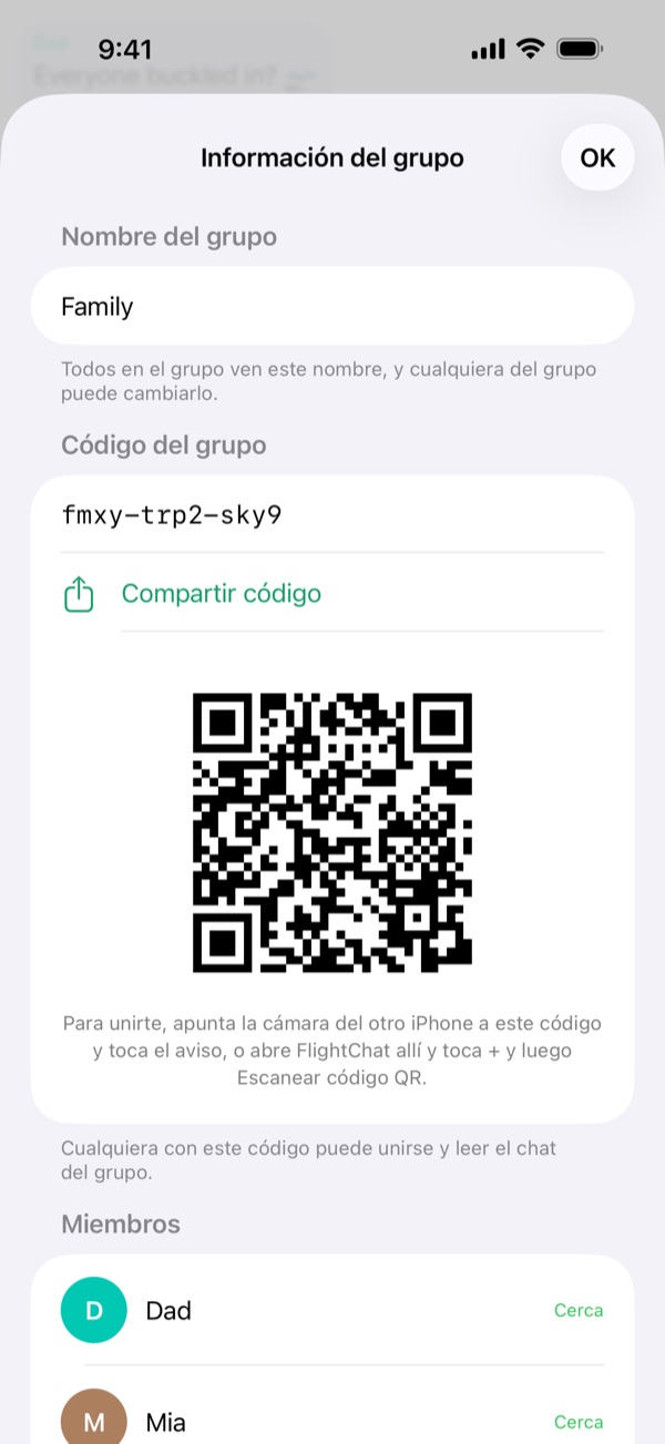 Información del grupo con el nombre, el código con Compartir código y el código QR.