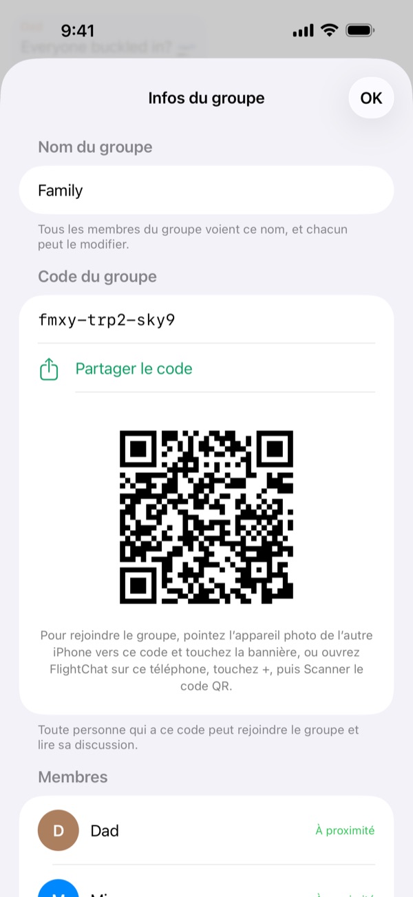 Infos du groupe montrant le nom du groupe, son code avec Partager le code, et son code QR.