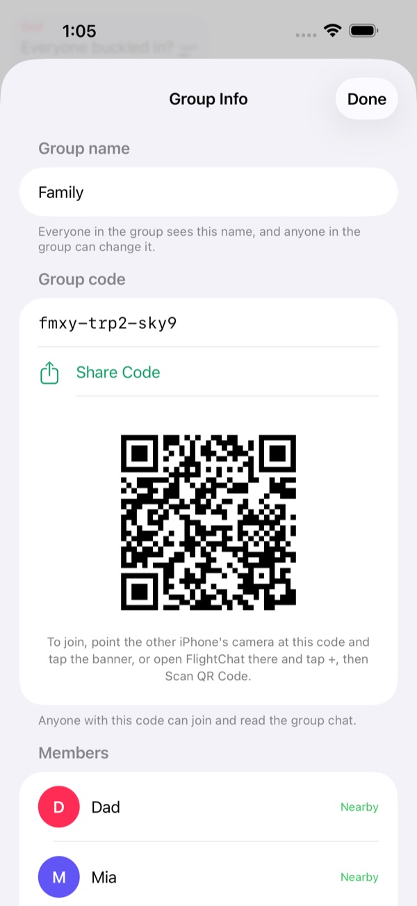 Group Info showing the group's name, its code with Share Code, and its QR code.