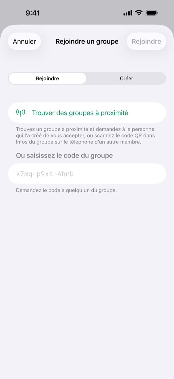 L’écran Rejoindre un groupe avec Trouver des groupes à proximité, Scanner le code QR et un champ pour saisir un code.