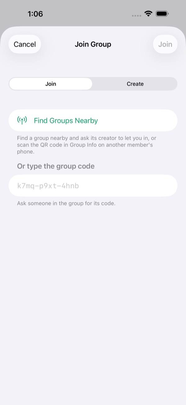 The Join Group screen with Find Groups Nearby, Scan QR Code, and a field to type a group code.