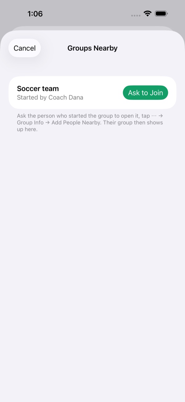 Groups Nearby listing Soccer team, started by Coach Dana, with an Ask to Join button.
